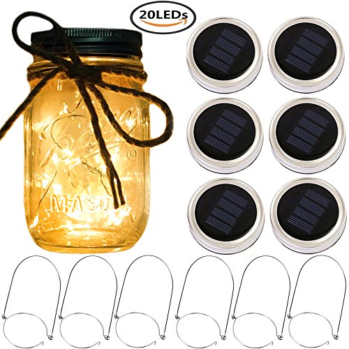 Mason Jar Lids Solar Light,6 Pack 20 LED Solar Lanterns String Fairy Star Firefly Jar Lights,6 Hangers 16 Feet Hemp Rope Included(No Jar),Mason Jar Decor,Garden Decor Lights,Solar Lantern,Table Lights