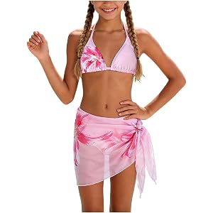 Girl's 3 Piece Bow Print Swimsuit Spaghetti Strap Crop Top Bikini Set Cute Mesh Ruched Cover Girls Big Girl