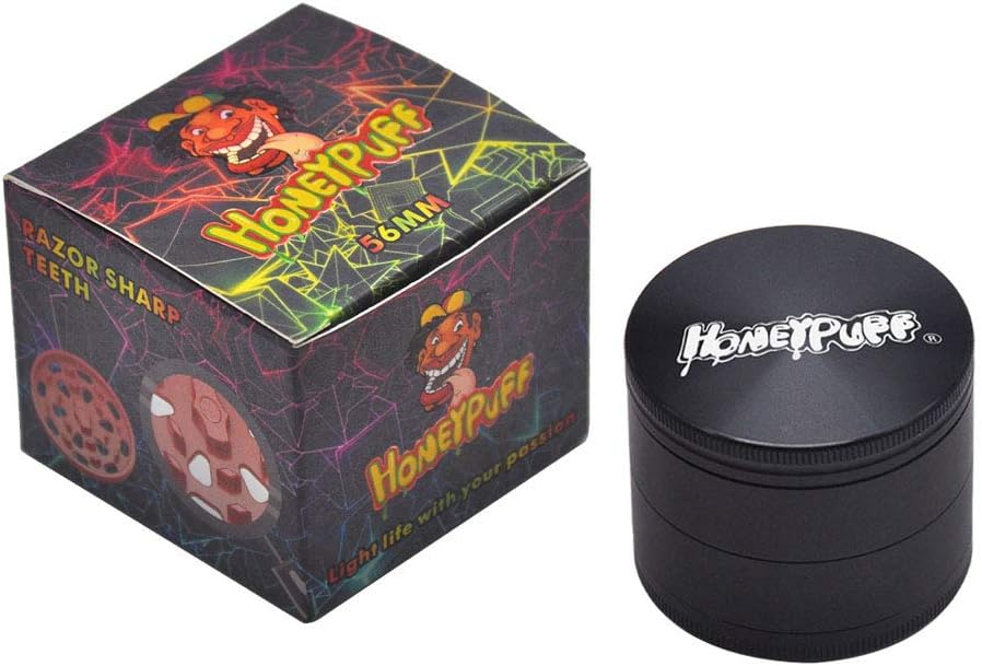HONEYPUFF Classic Style Herb Grinder 4 Piece Sharp Diamond Teeth Aluminum Grinder Accessories (56MM, Black)