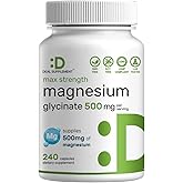 Max Strength Magnesium Glycinate 500mg Per Serving, 240 Capsules | 100% Chelated for Easy Absorption | Essential Mineral Supplement for Muscle, Sleep, & Heart Health
