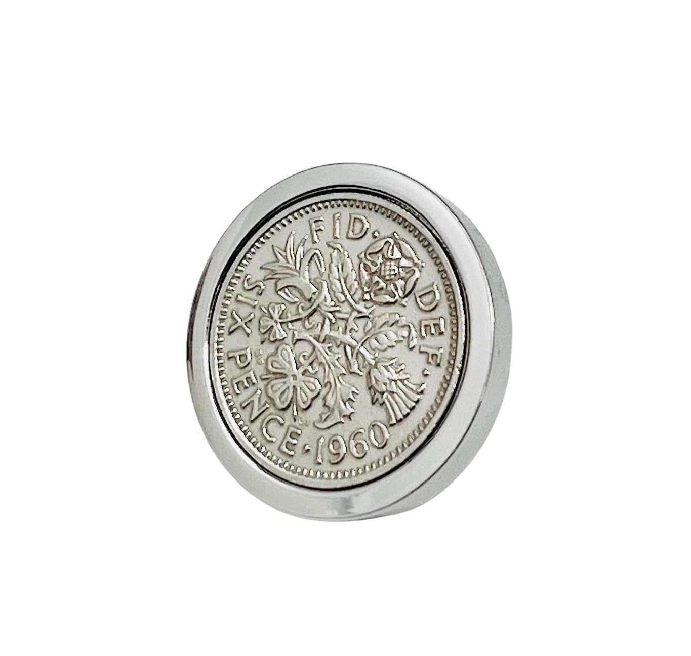 Genuine Polished 1960 Sixpence in Lapel Pin | 1960 anniversary, 66th birthday