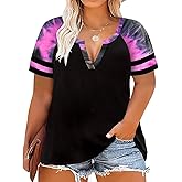 CARCOS Plus Size Tops for Women Short Sleeve Summer Pullover Color Block Crewneck/V Neck Tee Tunic Loose Fit Tshirts XL-5XL