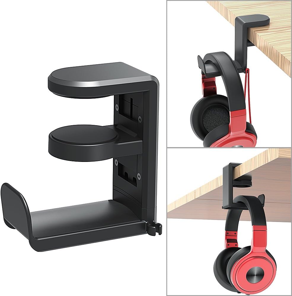 PC Gaming Headset Headphone Hook Holder Hanger Mount, Headphones Stand with Adjustable & Rotating Arm Clamp, Under Desk Design, Universal Fit, Built in Cable Clip Organizer EURPMASK: Home Audio & Theater