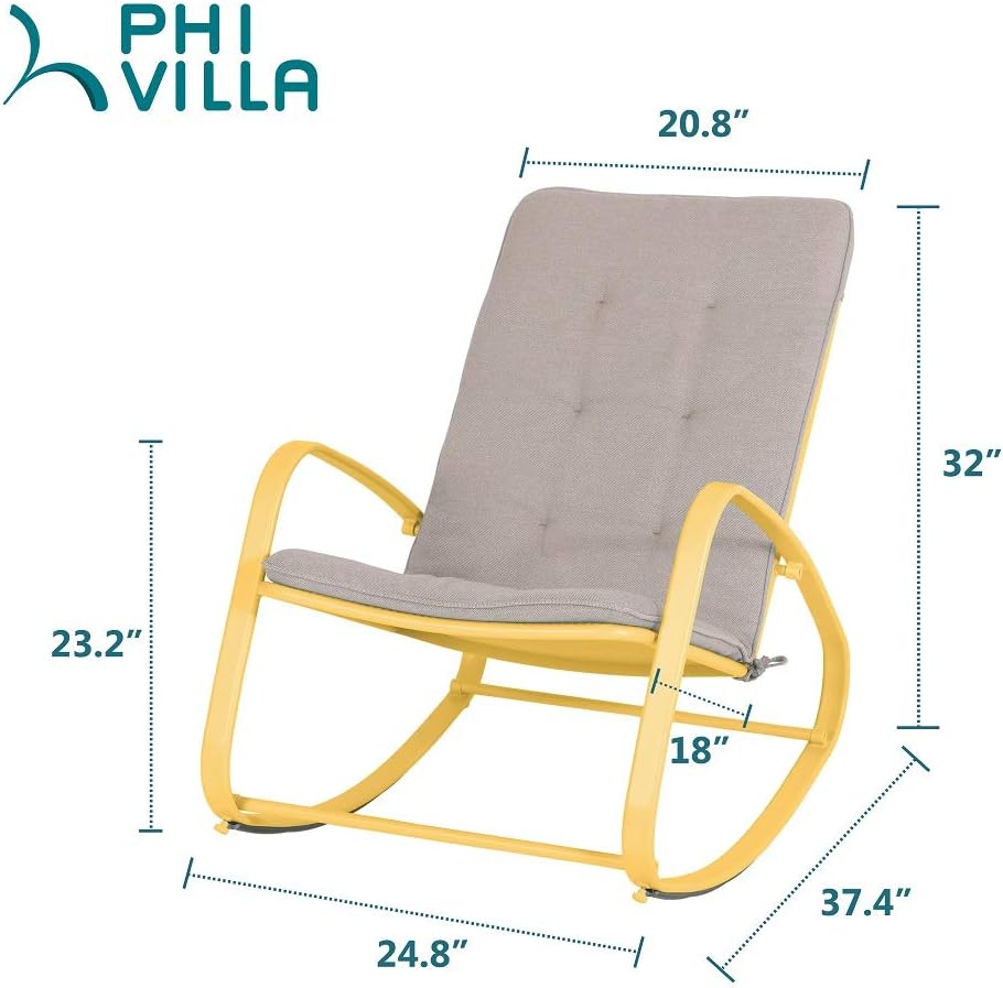PHI VILLA Outdoor Patio Metal Rocking Chair, Padded Modern Rocker Chairs with Cushion, Support 300lbs for Porch, Deck, Balcony or Indoor Use (1 Pack, Yellow): Furniture & Decor