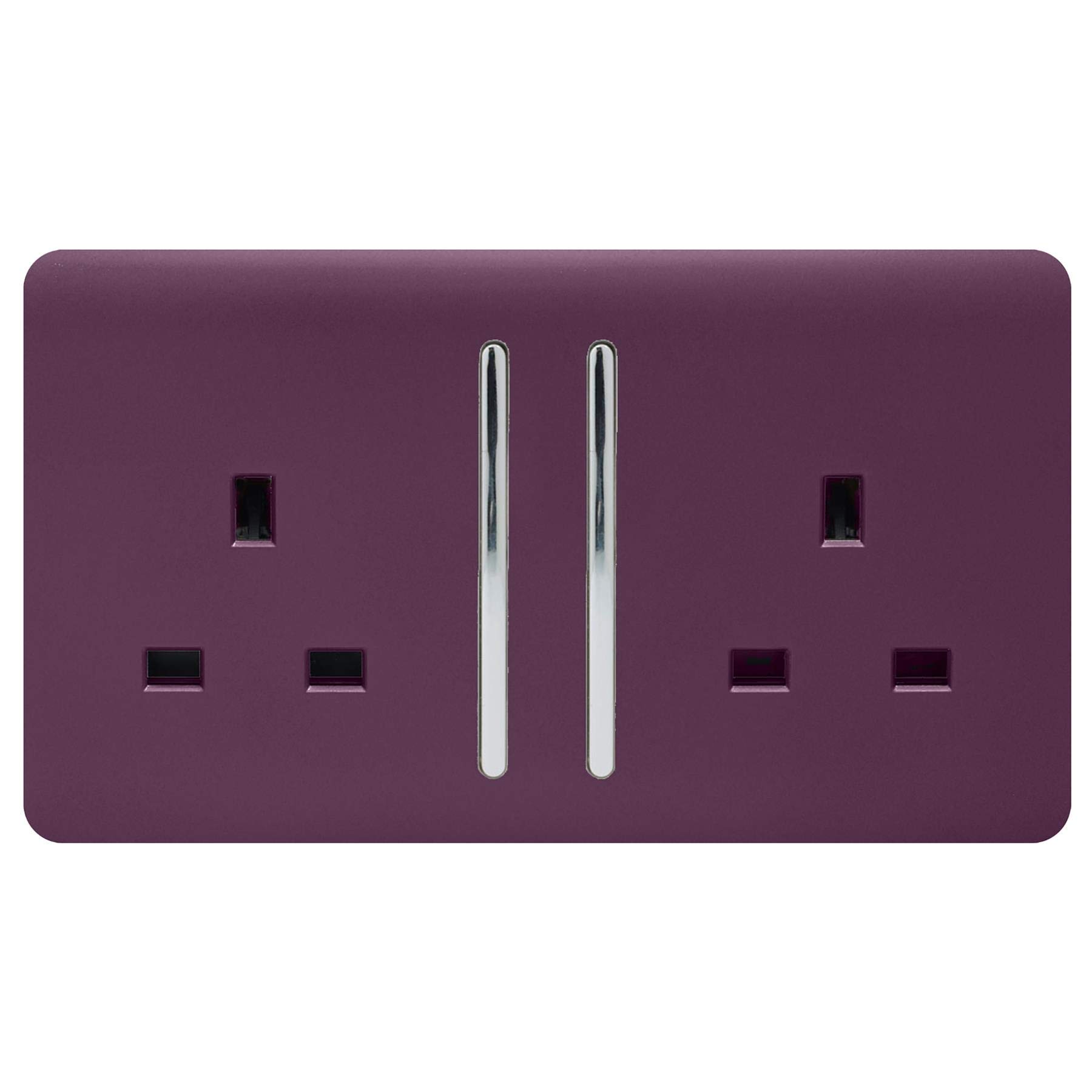 Trendi 2 Gang Raised Artistic Modern Glossy Screwless 13 Amp Single Pole with Chrome Switched UK Standard Electrical Double Wall Plug Socket in Plum Purple - ART-SKT213LPL