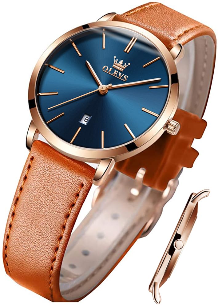 OLEVS Ladies Quartz Watch Minimalist Casual Ultra-Thin Design & Leather Strap & Waterproof & Date Elegant Watch