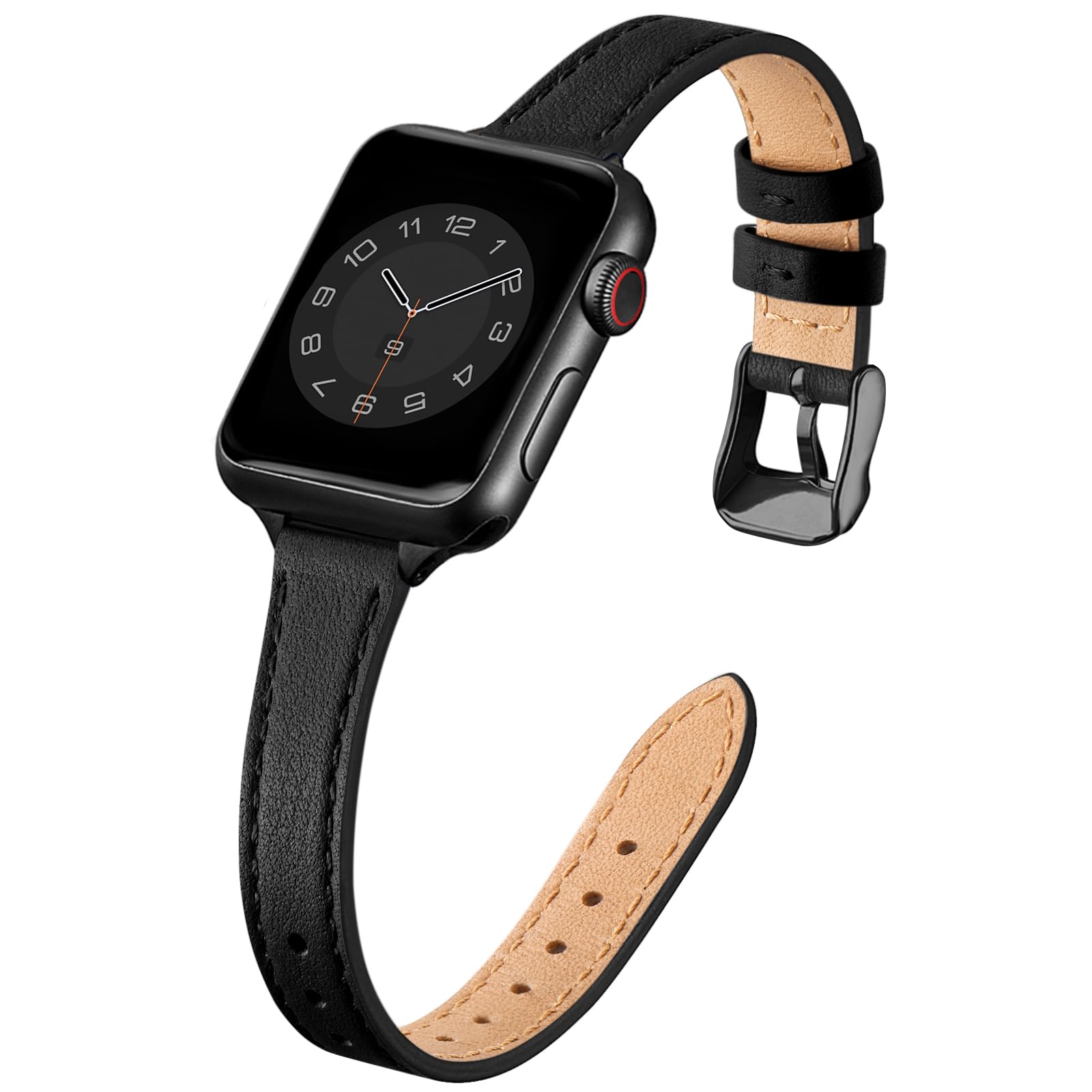 SUNFWR Compatible with Apple Watch Strap 38mm 40mm 41mm,Genuine Leather Strap Replacement,Slim&Thin Wristband for iwatch Series 7/6/5/4/3/2/1,SE(38mm 40mm 41mm,Black&Black)
