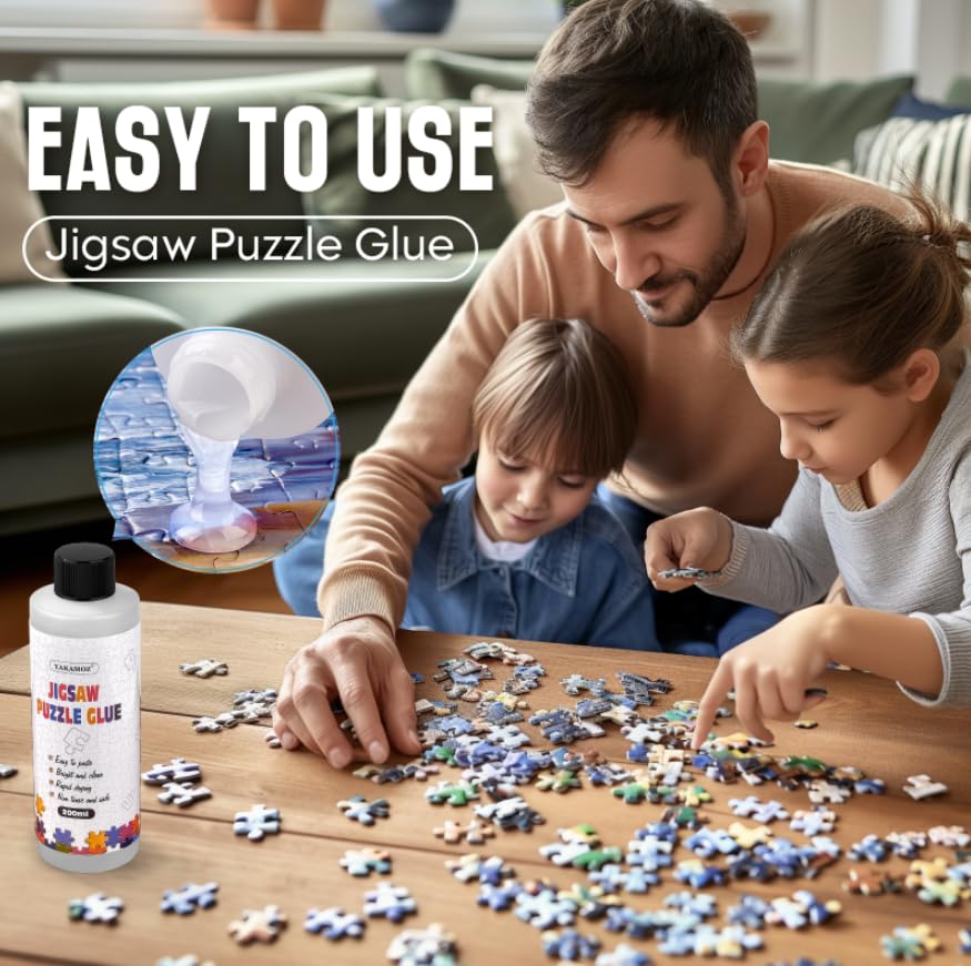 YAKAMOZ Clear Jigsaw Puzzle Glue with Precision Applicator – Non-Toxic, Quick Dry & Water-Soluble for Puzzles up to 5000 Pieces (200ML)