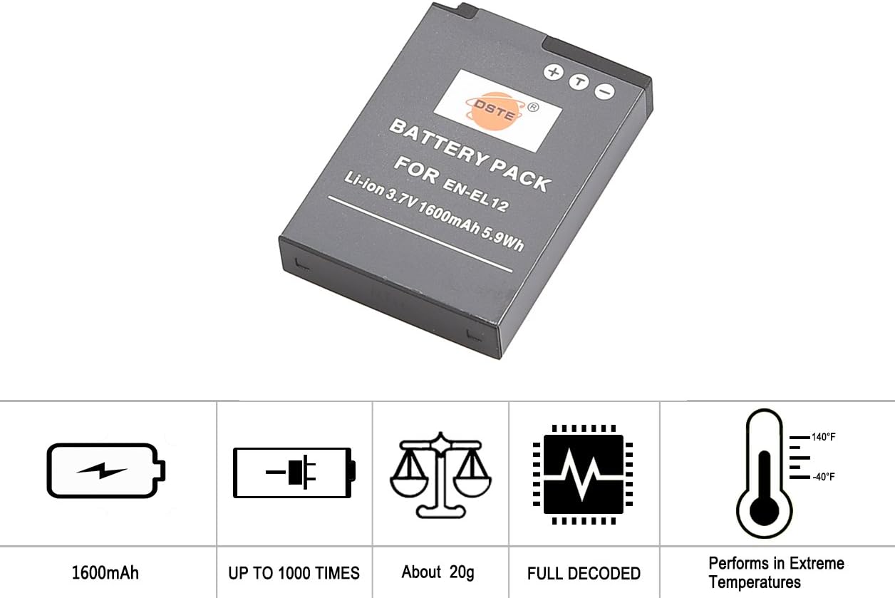 DSTE 2PCS EN-EL12 (1600mAh/3.7V) Battery Charger Set Compatible for Nikon Coolpix S620 S630 S6000 S6100 S6200 S6300 S8000 S9050 S9100 AW100 AW120s - Image 4
