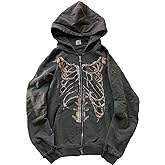 MLAFE Gothic Hooded Sweater Retro Bone Print Hooded sweatshirt Y2K zip-up jacket Grunge Hooded Sweater Harajuku upper garment