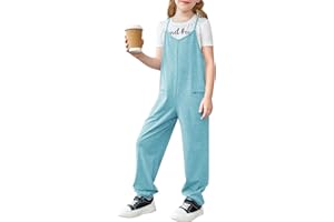 rrhss Girls Jumpsuit Romper Sleeveless Cute Long Pants Casual Plain Color Overalls with Side Pockets