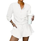 Tankaneo Womens 2 Piece Outfits Sweatsuit Button Down Tops and Shorts Casual Matching Lounge Set Travel Tracksuit