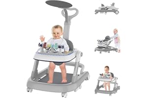 ARCWARES Baby Walker, Foldable Baby Walker with Wheels & LED Light, Height Adjustable and Adjustable Speed Walker for Babies, Baby Walkers for Babies 6–12 Months Boys Girls with Footrest, Push Rod (Grey)