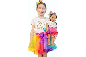 ZITA ELEMENT Birthday Clothes Outfits for Girls Matching Dolls - 1 Cotton Shirts with Sequins Rainbow, 1 Rainbow Tutu Skirts and 1 Bow Hair Clips for 7-9 Years Girls and 18 Inch Girl Dolls