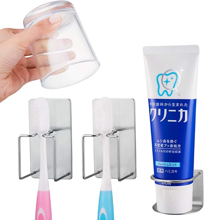 Amazon Senbowe 3個セット 2つの歯ブラシホルダー １つの歯磨き粉ホルダー 3mビスコース 歯ブラシホルダー 壁掛け ステンレス 電気歯ブラシ カップホルダー 3個セット 歯ブラシスタンド ホーム キッチン オンライン通販