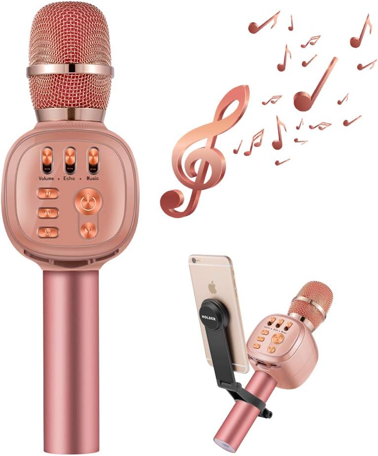 Karaoke Microphone, Beschoi Wireless Bluetooth Portable Handheld Mic Speaker Karaoke with Speaker, Multi-color LED Lights & Multifunctional Phone Holder for Singing Home KTV Party Birthday (Rose Gold)
