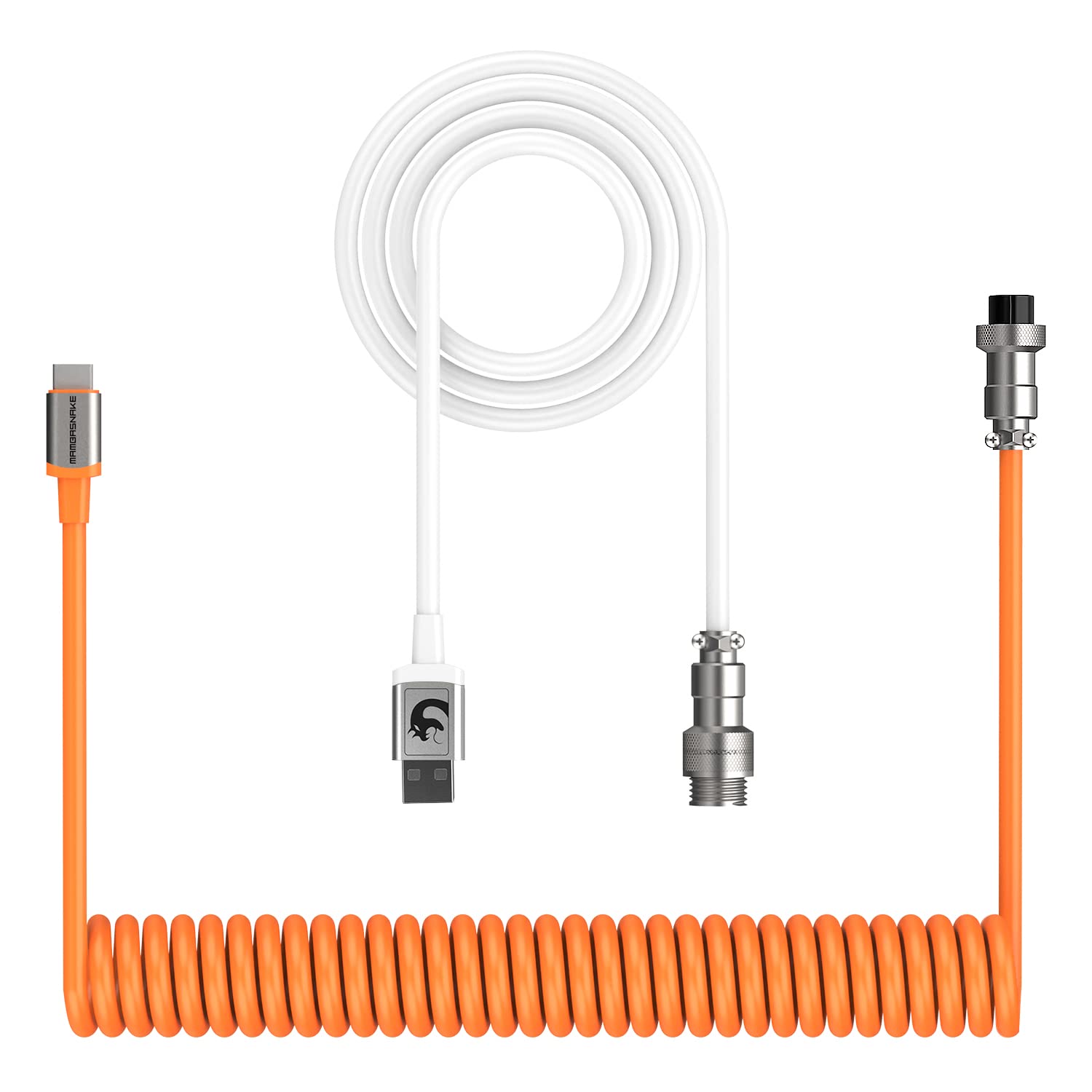 XINMENG X MAMBASNAKE C01 Coiled Keyboard Cable, Type-C to USB-A HyperSpeed Line with 8KHz Return Rate, TPU Extendable Custom USB-C Cable with Metal Aviation for Gaming Keyboard/Phone - Orange/White