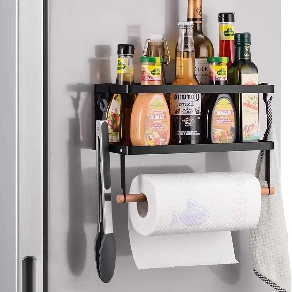 Photo 1 of Magnetic Spice Rack for Refrigerator Magnetic Paper Towel Holder for Fridge Magnetic Shelf Magnetic Shelves 2 Hooks Fridge Magnet Organizer Spice Rack Seasoning Organizer Kitchen Storage