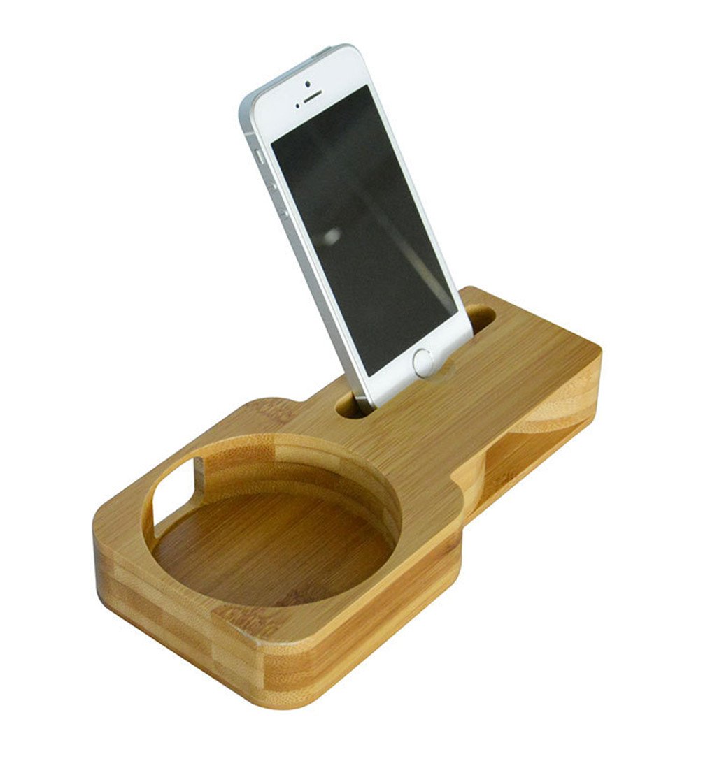 IOQSOF Speaker Stand for Echo and iPhone ,Bamboo Wood Charging Stand for Amazon Echo, Echo Plus and iPhone X/iPhone 8 and Samsung Galaxy & Most Smartphones
