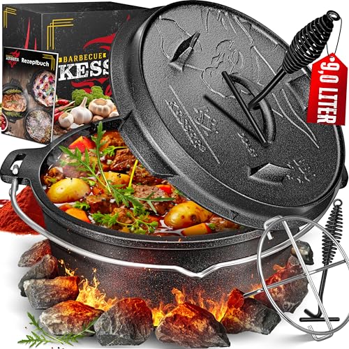 KESSER® Dutch Oven Set BBQ 9 Liter, Feuertopf Schmortopf mit Edelstahluntersetzer, Gusseisen Topf mit Deckelheber Henkel und Schlitz für Themormeter,