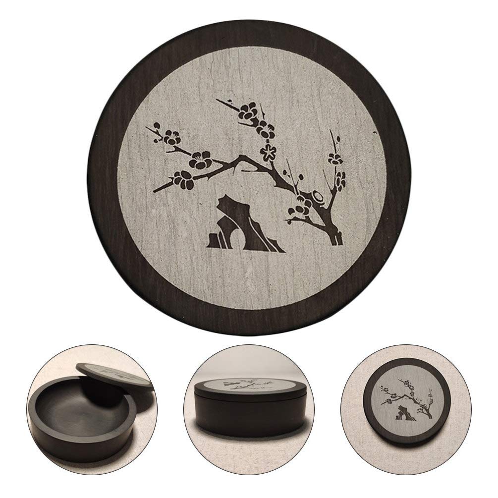 Round Inkstone with Plum Blossom Lid Chinese Calligraphy Ink Stone Sumi Painting Grinding Stone Calligraphy Accessories
