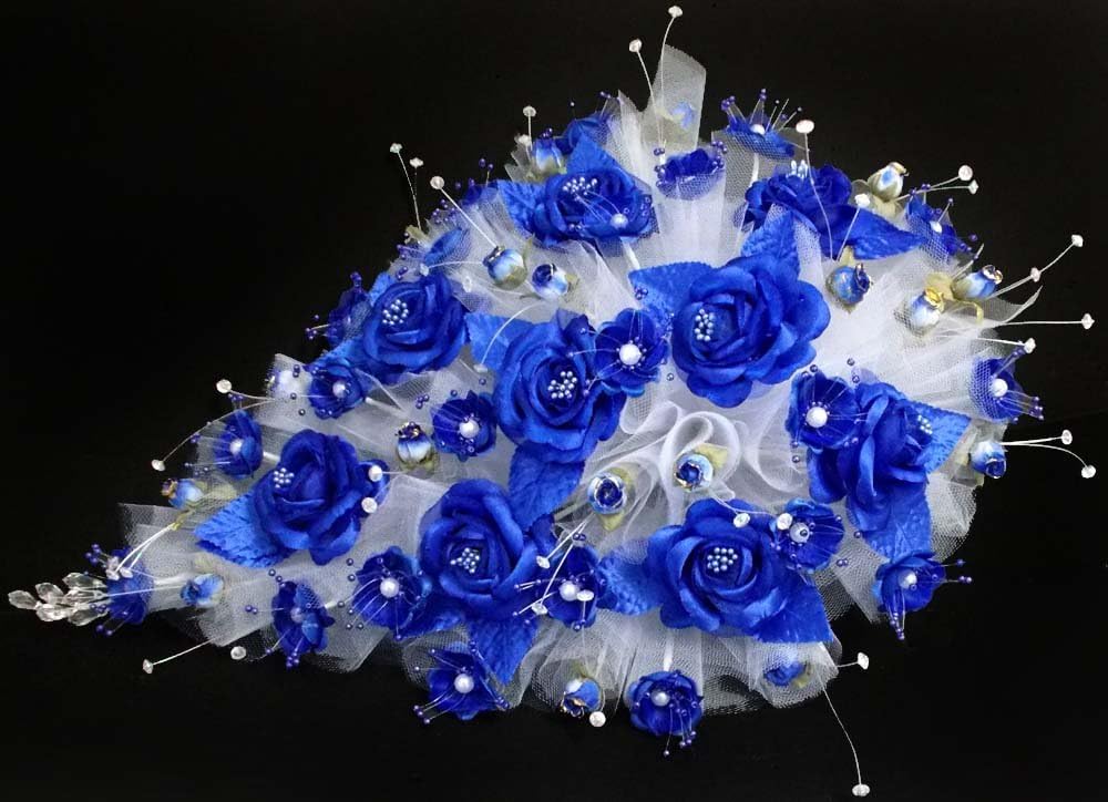 Tear Drop Bridal Quinceanera Sweet 15 Silk Flower Bouquets- US Handmade - Royal Blue Color (18922 Z)
