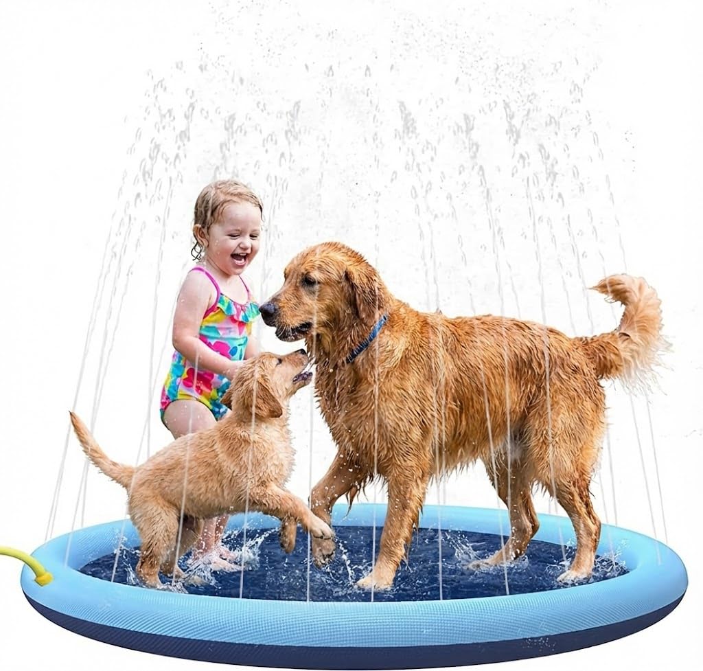 Splash Pad for Dogs & Kids, Non-Slip Inflatable Dog Sprinkler Paddling Pool, Foldable Water Play Mat for Toddlers Pets, Summer Outdoor Garden Backyard Water Toy (150cm/59in)