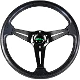 Universal Deep Dish Racing Steering Wheel - 6 Bolt Carbon Fiber Look, Vinyl Leather Grip, Aluminum Alloy With Horn Button