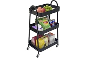Ufriandz Orgainizer Kitchen Carts on Wheels 3 Tier Metal Trolley with 2 Hanging Cups, Sturdy Utility Cart Bathroom Stand Shelf with Casters Mobile Storage Rack Organization for Laundry Room, Black