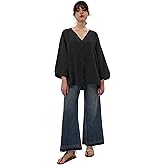 EELOTILE Women's 100% Linen Shirts Long Sleeve V Neck Blouses Button Down Tops Black