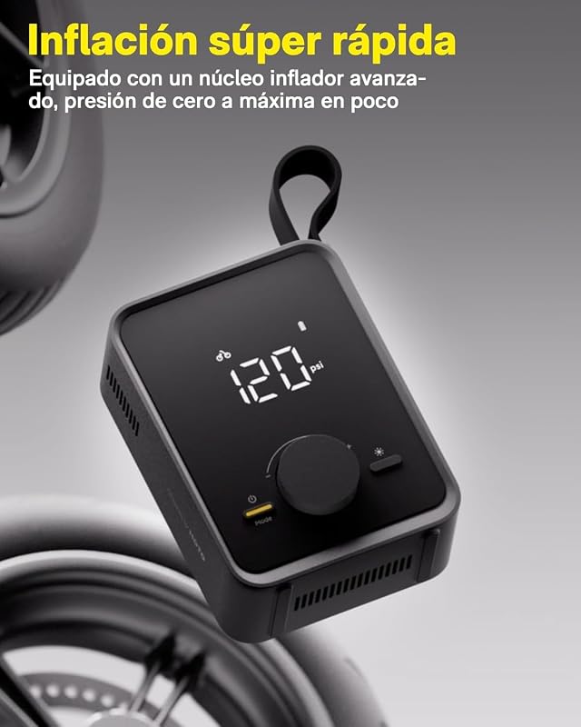 Compresor Aire Portatil 120PSI, Hinchador Ruedas Coche 2500mAh Batería