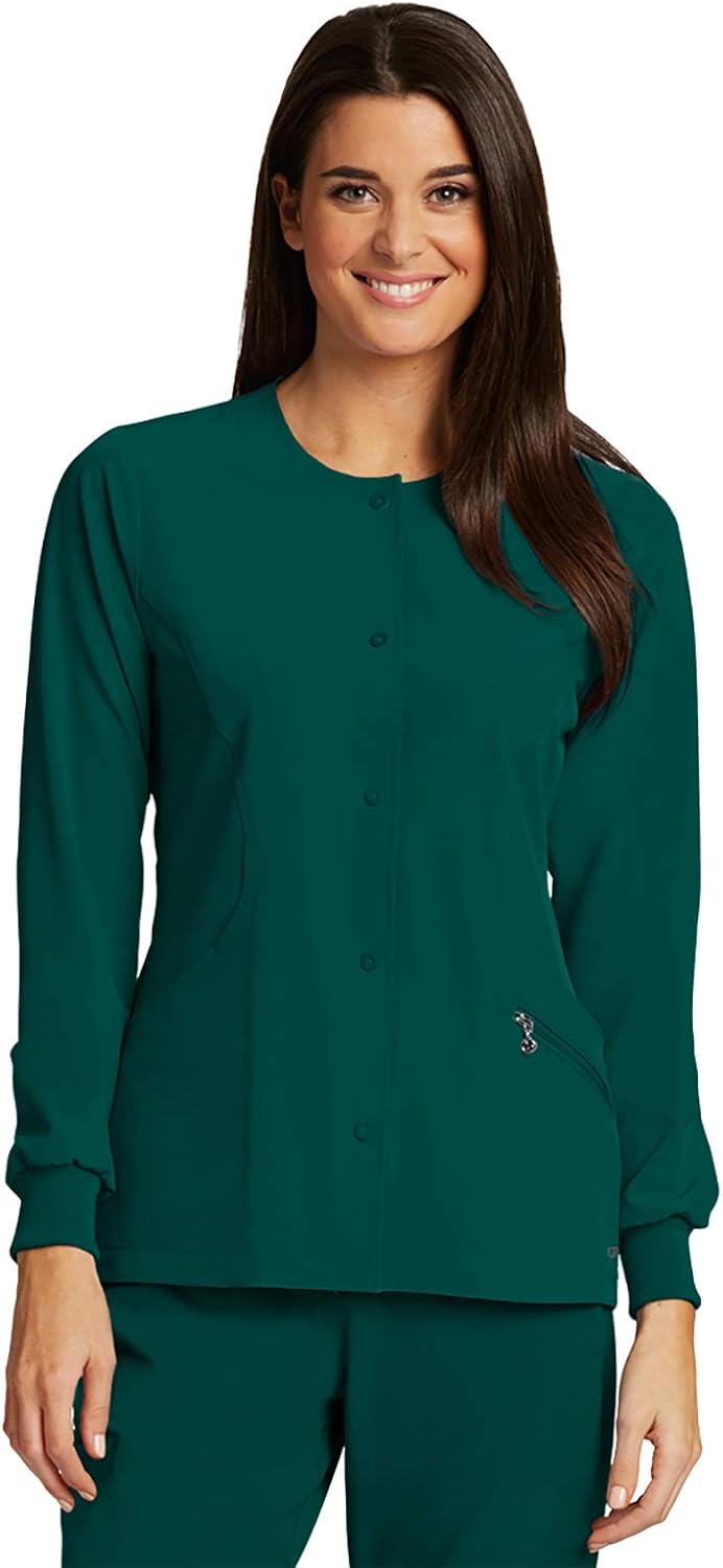 Barco ONE 4-Pocket Jewel Neck Snap Warm-Up Scrub Jacket for Women: Clothing