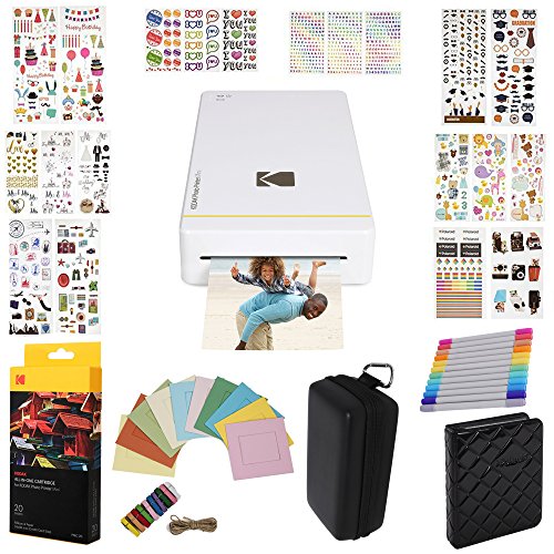Kodak Mini Printer (White/Black Vary) Gift Bundle + 20 Paper + 9 Unique Colorful Sticker Sets + Case + Markers + Photo Album + Hanging Frames