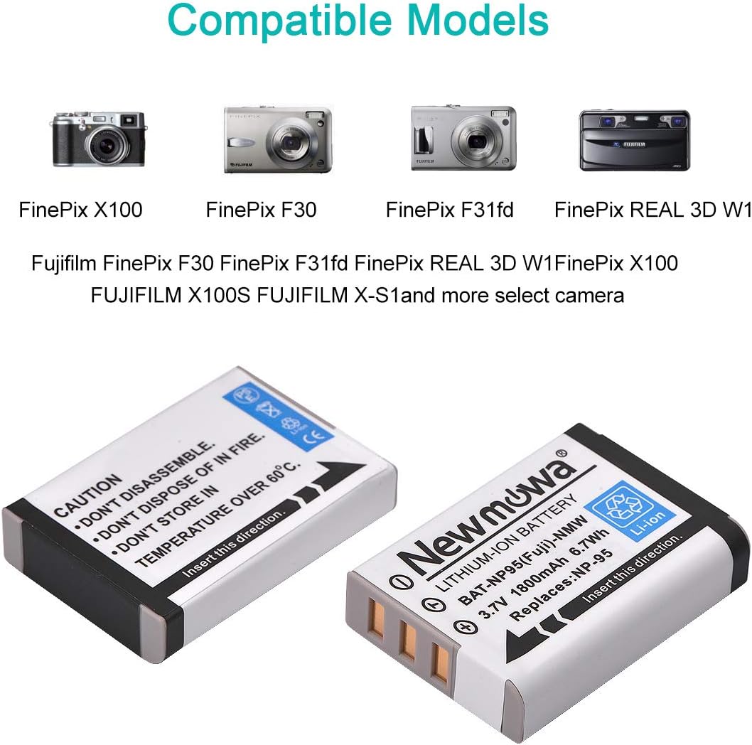 Newmowa NP-95 Replacement Battery (2-Pack) and Portable USB Charger Kit for Fujifilm FinePix F30, F31fd, Real 3D W1, X100 - Image 3
