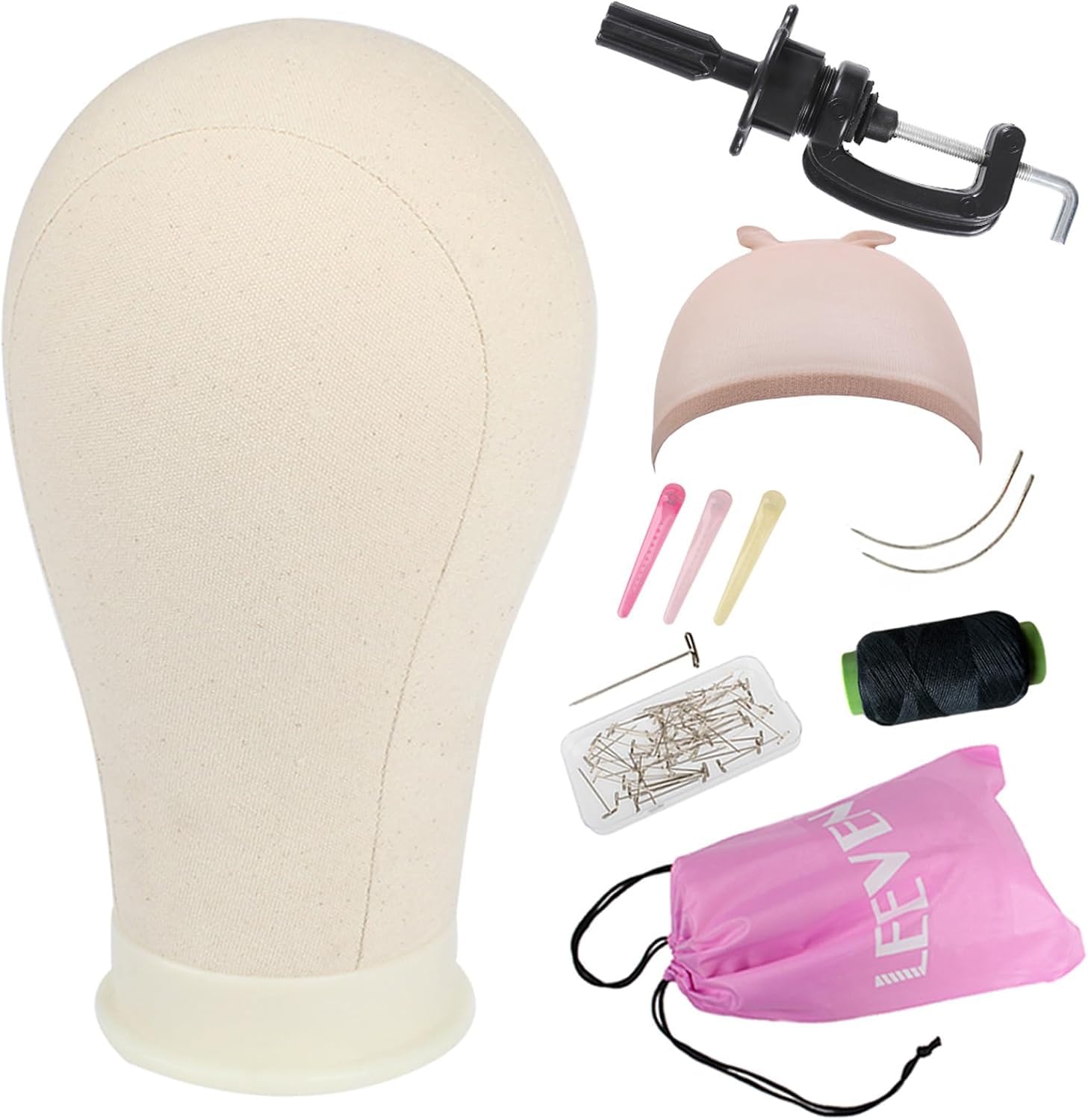 Leeven 24 Inch Poly Canvas Block Wig Head Hair practice Manikin Canvas Head for Wig Making/Drying/Styling Wigs Mannequin Head With Table Clamp Stand and T Pins 24 Inch