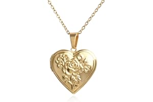 Beixiter Stainless Steel Engraved Rose Flower Heart Shaped Locket Pendant Necklace for Women