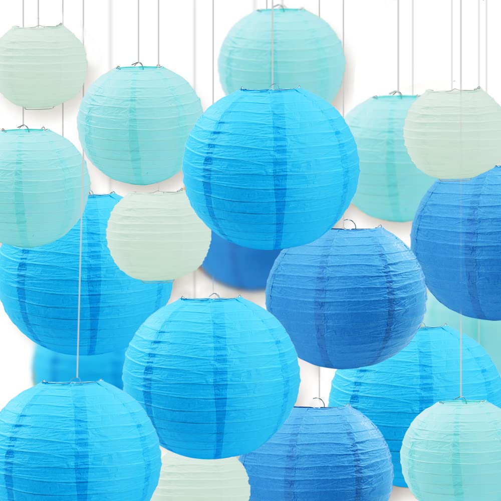 Newthinking 20PCS Hanging Paper Lanterns, 6" 8" 10" 12" Round Blue Paper Lantern Decorations with Hanging Line for Weddings Decoration, Indoor and Garden Party Decoration