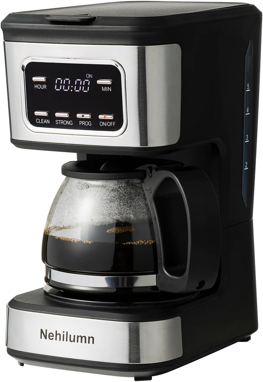 Nehilumn 5-Cup Programmable Coffee Maker - Reusable Filter, Clear Water Level Indicator, Auto Shut- Off, Black &Stainless Steel Coffee Pot