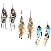 3 Pcs Artisanal Feather Earrings for Women, Boho Bohemian Style with Multicolor Tassels, Handmade Dangling Feather Dangles, Lightweight Trendy