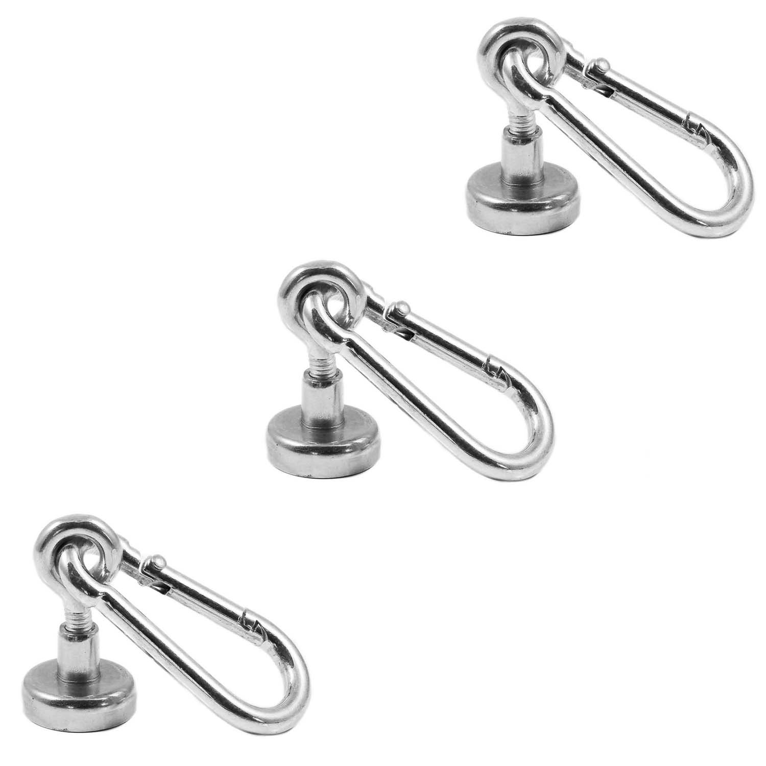 Magnetastico® | 3X Neodymium Eyelet-Carabiner Magnets N35 16 mm Ø | Holding Force 5.5 kg | 3 Strong Neodymium Pot Magnets snap Hook with Eye, Loop & galvanised | Magnetic karabiner eyebolts