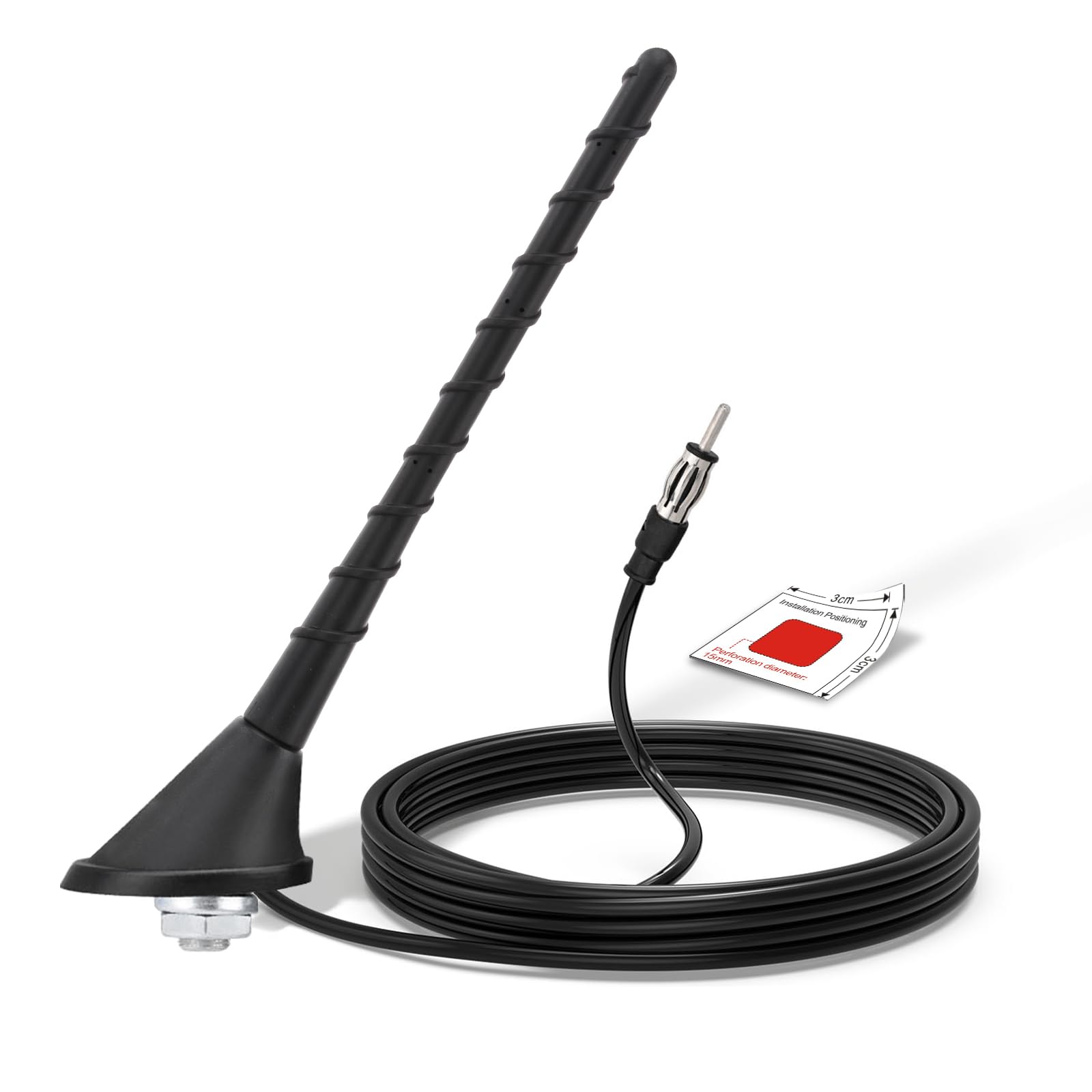 Bingfu Car Radio Antenna, 24cm Universal Roof Mount FM/AM Antenna with Mounting Base, 5Meter Cable, DIN Plug Connector for Car, Truck, SUV Stereo Head Unit Receiver