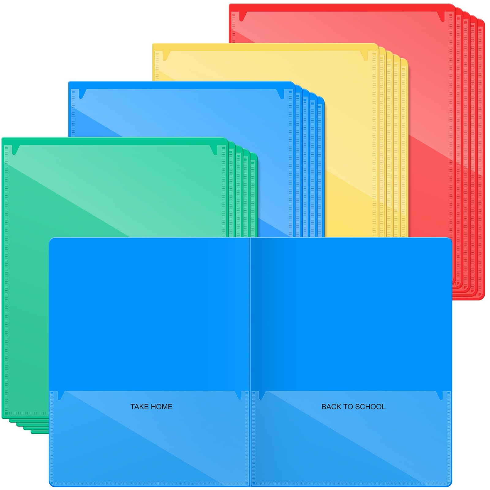 Photo 1 of Henoyso 24 Pcs Folders Take Home Heavy Duty 2 Pocket Homework Folders with Clear Front Pockets for Elementary Students Parent Teacher Communication (Red,Yellow,Blue,Green)