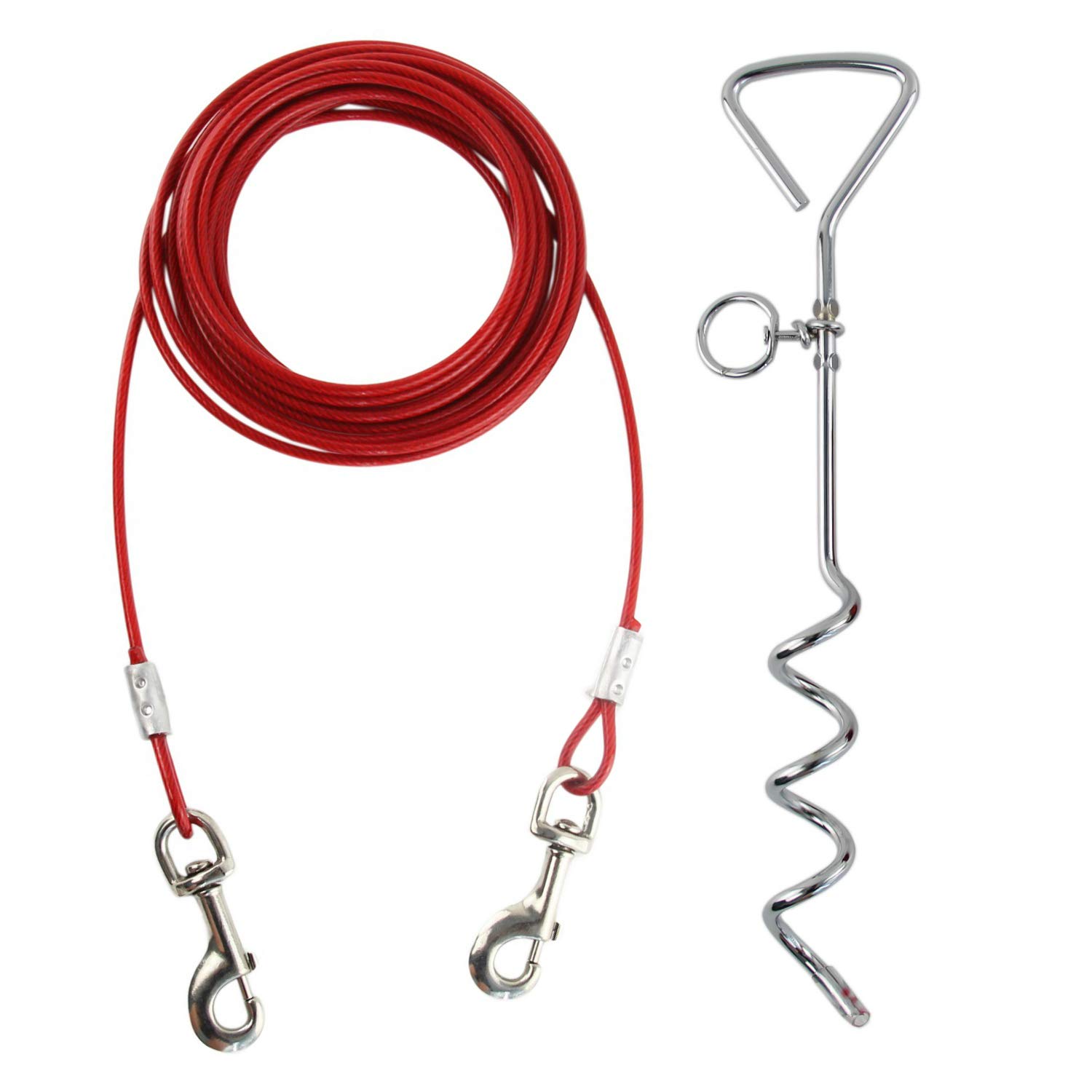 30ft Dog Tie Out Cable for Dogs, 16" Chrome Plated Anti Rust Stake, Great for Camping or The Garden, Suitable for Harness, Leash & Chain Attachments - Red