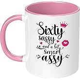 Sixty Sassy and a Bit Smart Assy 11 oz Funny Bday Coffee Mug Ceramic Cup 60th Birthday Christmas Gift for Grandma Mom Aunt Wife Sister Boss Lady Friend Coworker Woman 60 Years Old Gift Pink