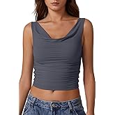QINSEN Women's Cowl Neck Top Sleeveless Ruched Double Lined Crop Top Y2k T Shirts