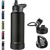 RUBYFLASK 40oz Insulated Water Bottle with Straw, Stainless Steel Metal Vacuum Water Flask, Large Thermal Water bottle with Leakproof 3 Lids for Travel, Camping, Gym Sports Black