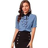 Allegra K Women's Ruffle Shirts Contrast Collar Button Down Short Sleeve Work Blouse