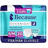 Because Overnight Absorbency Pull Ups - Adult Disposable Incontinence Underwear, Extra Absorbent Nighttime Briefs for Men and Women, White, Small/Medium, 20 Count