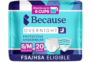 Because Overnight Absorbency Pull Ups - Adult Disposable Incontinence Underwear, Extra Absorbent Nighttime Briefs for Men and Women, White, Small/Medium, 20 Count