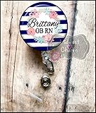 blue stripes with floral wreath.Retractable badge holder, nurse gift, ob, L&D, id holder, reel, RN, LPN, CNA Personalized Christmas Gift